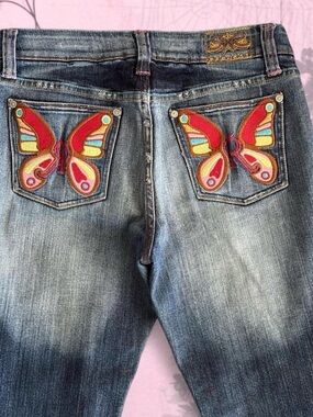 Rare Y2K Vintage Distressed Patchwork Denim Low Rise Jeans w/ Butterfly Patches